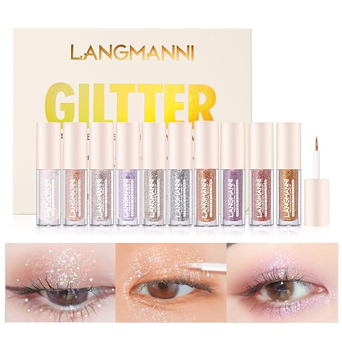 LANGMANNI 10Pcs Liquid Glitter Eyeshadow Korean Makeup Set, Shimmer,Pigmented,Long Lasting,Quick Drying,Easy to Apply Crystals Glitter Eyeshadow (10pcs Set)-Velvo Beauty
