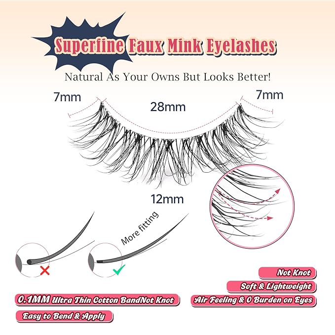Natural Lashes False Eyelashes 12 MM Short Lashes WIspy 3D Volume Fake Eyelashes Pack C Curl Soft Eye Lash with Thin Cotton Band 7 Pair False Lashes Siligli-Velvo Beauty