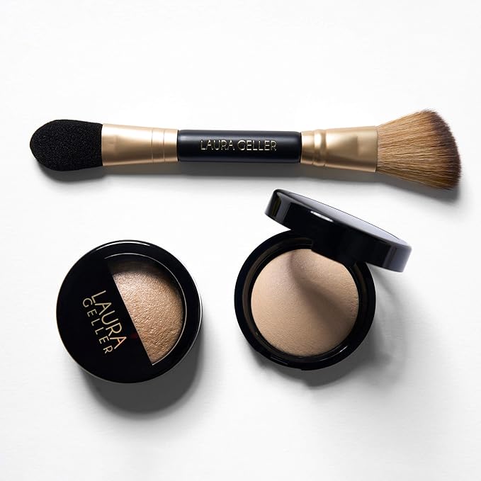 LAURA GELLER NEW YORK Dual-Ended Highlighter Brush - Multipurpose Makeup Brush for Highlighter, Blush, Bronzer and More - Includes Dual-Fiber Vegan Bristles and Satin Paddle for Flawless Application-Velvo Beauty