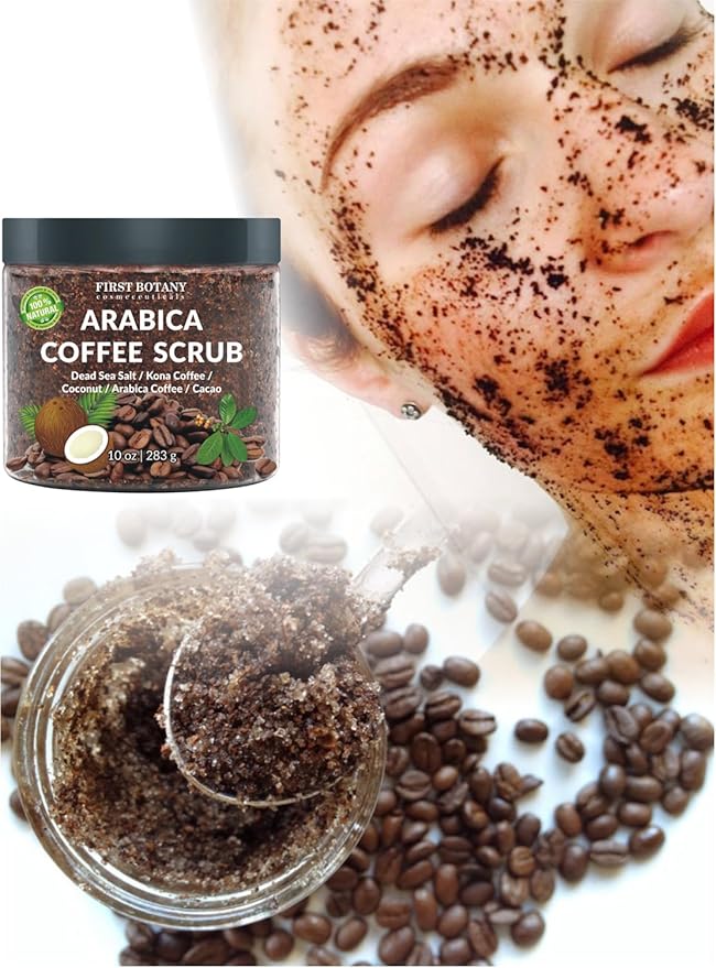 First Botany Cosmeceuticals, 100% Natural Arabica Coffee Scrub with Organic Coffee Coconut & Shea Butter Acne Anti Cellulite & Stretch Mark treatment Spider Vein Therapy, Varicose Veins Eczema, 10 oz-Velvo Beauty
