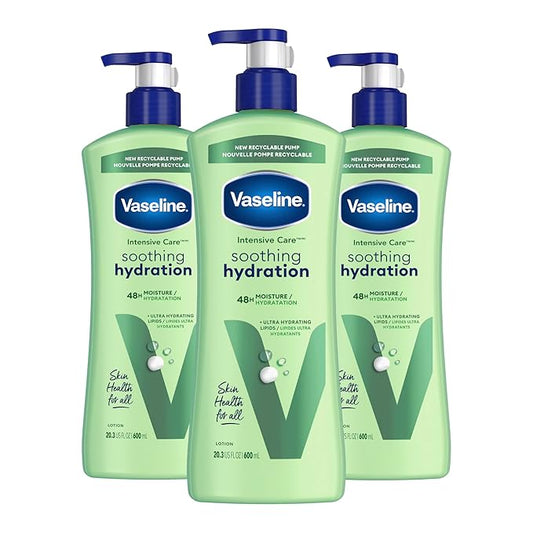 Vaseline Intensive Care Body Lotion for Dry Skin Soothing Hydration Lotion Made with Ultra-Hydrating Lipids + 1% Aloe Vera Extract to Refresh Dehydrated Skin 20.3 oz, Pack of 3 (packaging May Vary)-Velvo Beauty