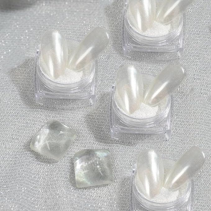 4pc Pearl Chrome Nail Powder Ice Transparent Chrome Powder for Nails, Rainbow Holographic Nail Chrome Powder for Manicure Decorations(4pc White)-Velvo Beauty