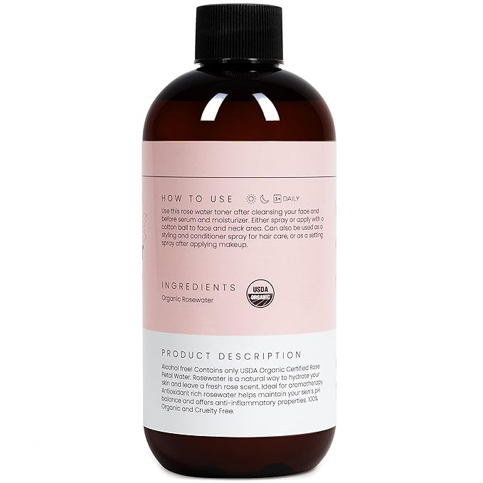 Rose Water Spray for Face & Hair (Refill) - Organic USDA Certified Rosewater Facial Toner - Alcohol-Free Makeup Setting Hydrating Face Mist - Anti-Aging Toner Spray - 8 Fl Oz-Velvo Beauty