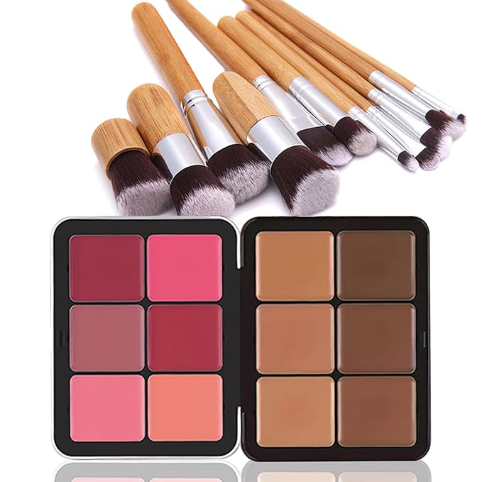 Makeup Blush Palette + Cream Contour Palette Kit, with 11 Pcs Complete Makeup Brushes, Contouring Concealer Palette for Medium Dark Skin to Conceals Dark Circles, Redness, Acne, Blemish-Velvo Beauty