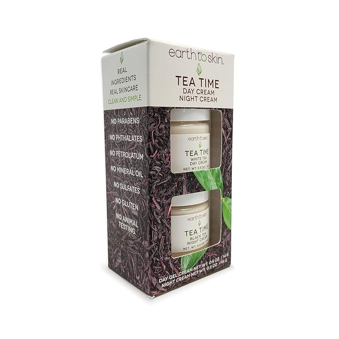 Earth To Skin Tea Time Mini Duo Set: White Tea Day Cream (0.5 Fl Oz) and Black Tea Night Cream (0.5 Fl Oz), All-Day & Night Hydration for Face and Neck (2 Pack)-Velvo Beauty