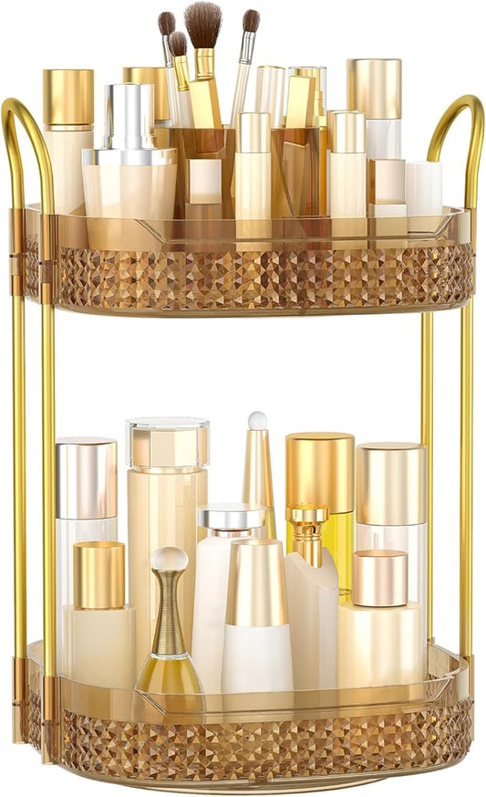 360° Rotating Makeup Organizer 2 Tier, Large Skincare Clear Make Up Storage Spinning Perfume Organizers for Bathroom Counter Dresser, Pink-Velvo Beauty