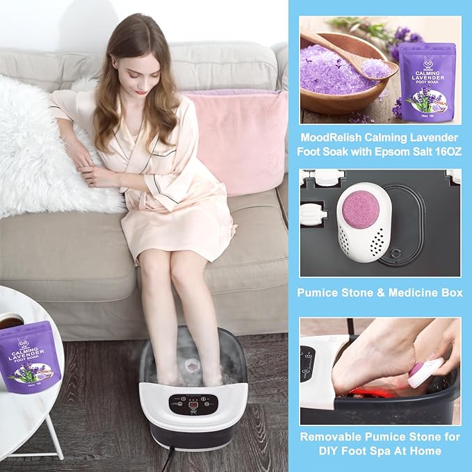 Foot Spa Bath Massager with Heat Bubbles and Vibration Massage and Jets, 16 OZ Calming Lavender Foot Soak Epsom Salt, Foot Soaker with Red Light, 22 Massage Rollers, Adjustable Temp - Grey-Velvo Beauty