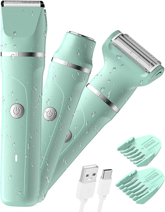 Bikini Trimmer for Women - 3 in 1 IPX7 Waterproof Electric Razors for Women,Body Pubic Hair Electric Shaver for Womens & Facial Hair Remover,Rechargeable Wet/Dry for Body,Underarm,Leg(Mint Green)-Velvo Beauty