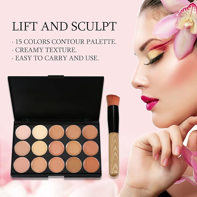 15 Colors Contour Palette Kit: Cream Concealer Palette Face Makeup Foundation Kit Contour Palette with Brush for Professional and Daily Use-Velvo Beauty