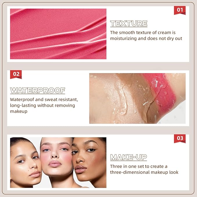 3Pcs Cream Contour Stick Makeup Set, Cream Bronzer Blush Highlighter Stick for Cheeks Eyes Lips, Long Lasting Waterproof Blendable Dewy Finish Face Stick Trio Wand for All Skin (1+3+6)-Velvo Beauty