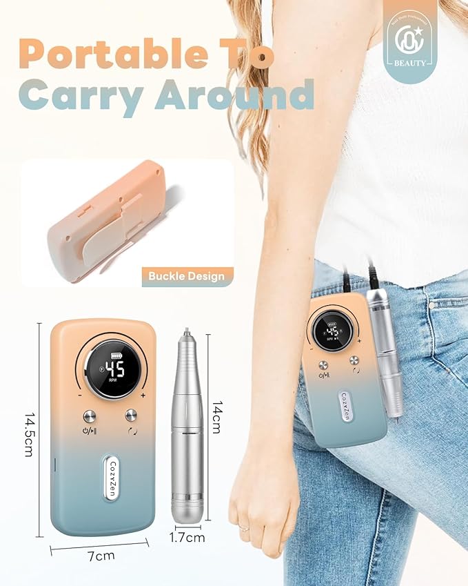 CozyZen Cordless Nail Drill Professional: 45000 RPM Rechargeable Electric Nail File Kit, Portable & Low Noise for Acrylic, Gel Nails, Manicure & Pedicure - Salon & Home Use-Velvo Beauty