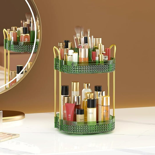 Awenia Rotating Makeup Organizer 360, Stackable Adjustable Large Capacity Cosmetic Storage Unit,Dresser Bathroom Kitchen Countertop Organizer with Metal Handle, Plus Size (Gem Green, 2 Tier)-Velvo Beauty
