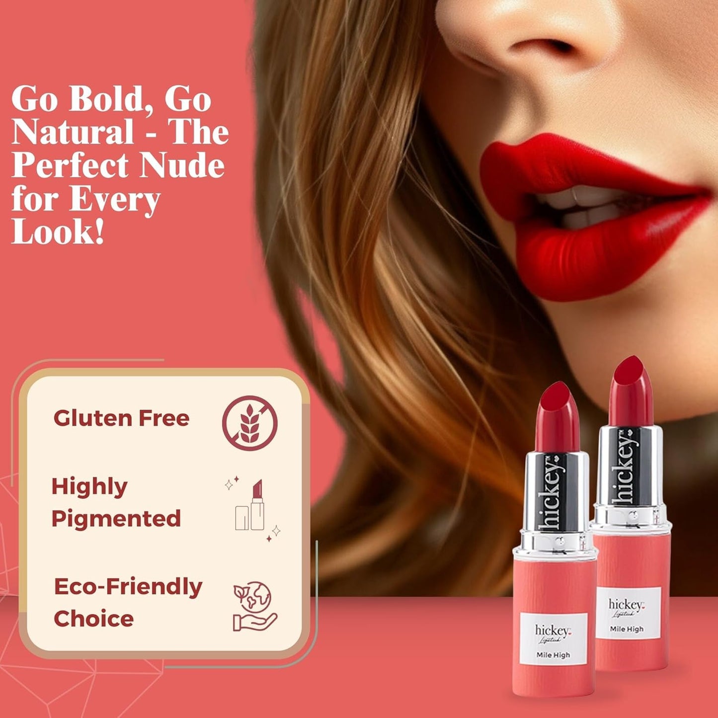 Hickey Lipstick Mile High Organic Perfect Red Lipstick Refill - Long Lasting Lipstick for Women - Hydrating & Moisturizing Shade, Best Lip Color for Women, Gluten-Free & Vegan with Highly Pigmented-Velvo Beauty