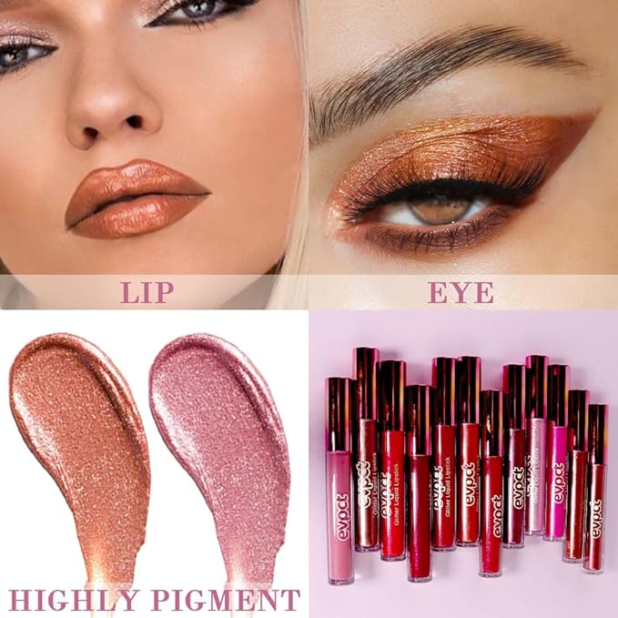 evpct 2Pcs Bronze Gold Nude Gold Matte to Glitter Liquid Lipstick Set for Women Long Lasting Glossy Metallic Shimmer Sparkle Lipstick Lip Gloss 5+14-Velvo Beauty