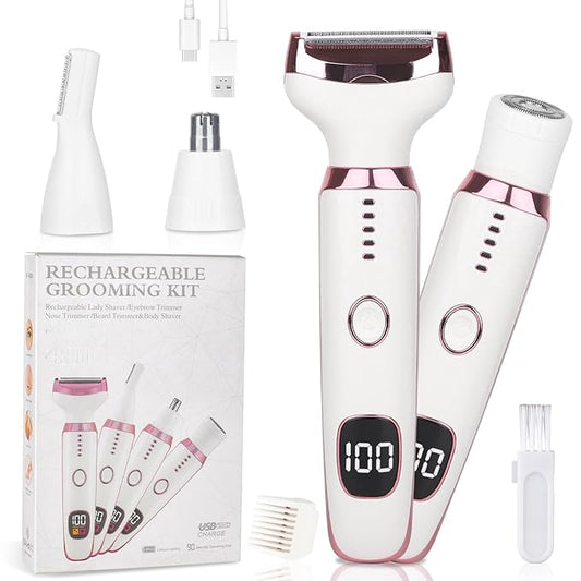 Electric Razors LED Display for Women Men, 2025 Wet/Dry Lady Shaver,4 in 1 Cordless Hair Remover with IPX7 Waterproof,Smooth & Silky Portable Bikini Electric Grooming Set (Pink & White)-Velvo Beauty