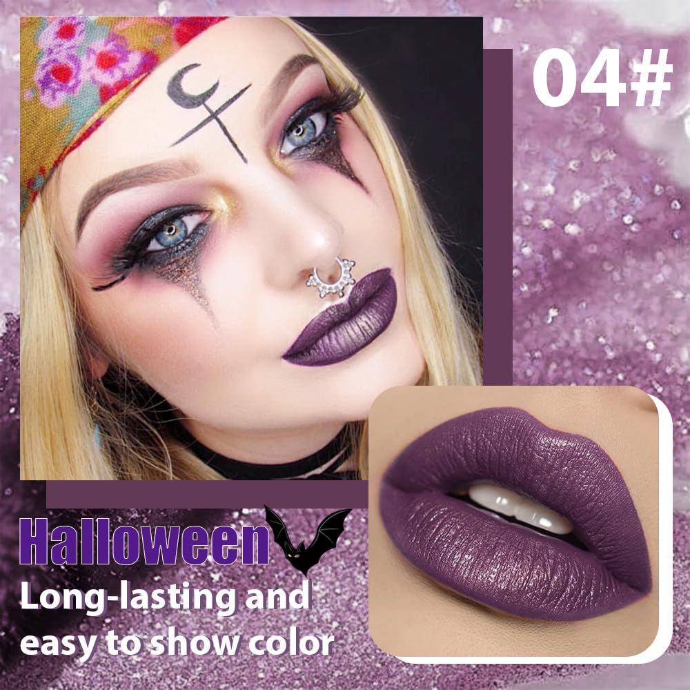 Dark Purple Metallic Lipstick for Women,Glitter Sparkling Liquid Lipstick,Long Lasting Waterproof Lightweight Comfortable Non-Drying Bold Dark Lip Gloss for Gothic Stage Makeup,Vegan-Velvo Beauty