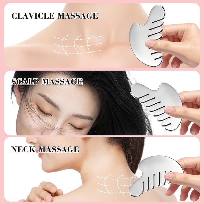 Gua Sha Facial Tool and Face Roller Set, Stainless Steel Lymphatic Drainage Massager for Face, Head, Eyes, Chin and Jaw, Lifting, Massage Scraping with Travel Pouch-Velvo Beauty