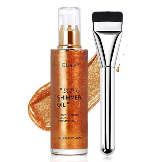 Shimmer Body Oil-Bronze Gold Face Brighten Pearl Highlighter Liquid Illuminator Body Glow Oil,4 Color Bronze Makeup Glitter Body Shimmer Oil with Makeup Brush-Velvo Beauty