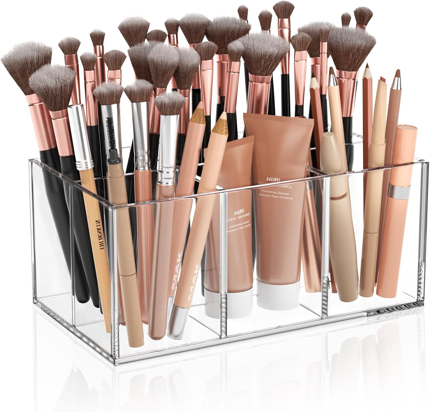 HIIMIEI Clear Makeup Brush Holder Organizer Acrylic 6-Slots Cosmetic Brushes Storage Organizer for Vanity Countertop-Velvo Beauty