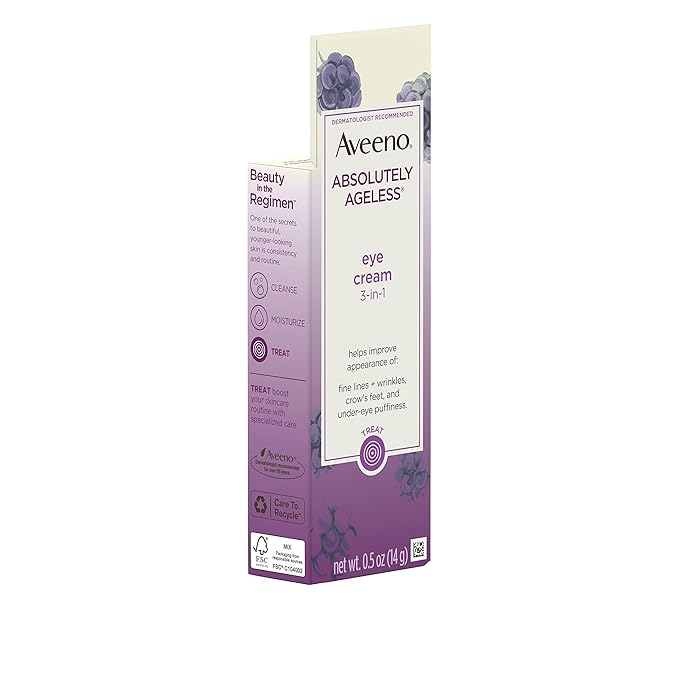 Aveeno Absolutely Ageless 3-in-1 Anti-Wrinkle Eye Cream for Fine Lines & Wrinkles, Crows Feet, & Under-Eye Puffiness, Antioxidant Blackberry Complex, Hypoallergenic, Non-Greasy, 0.5 oz-Velvo Beauty