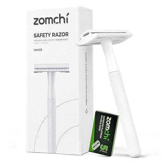 ZOMCHI Double Edge Safety Razor for Men & Women, Metal Razor with 5 Double Edge Safety Razor Blades, Single Blade Razor – White-Velvo Beauty