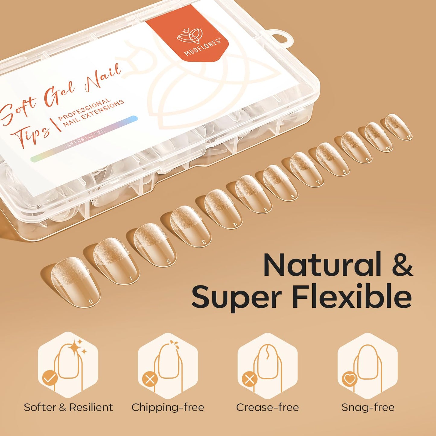 modelones Short Oval Nail Tips, Pre-shaped Soft Gel Tips Fake Nails False Acrylic Clear Full Cover Press on Extension Kit Gel Manicure DIY at Home 216PCS 12Sizes-Velvo Beauty