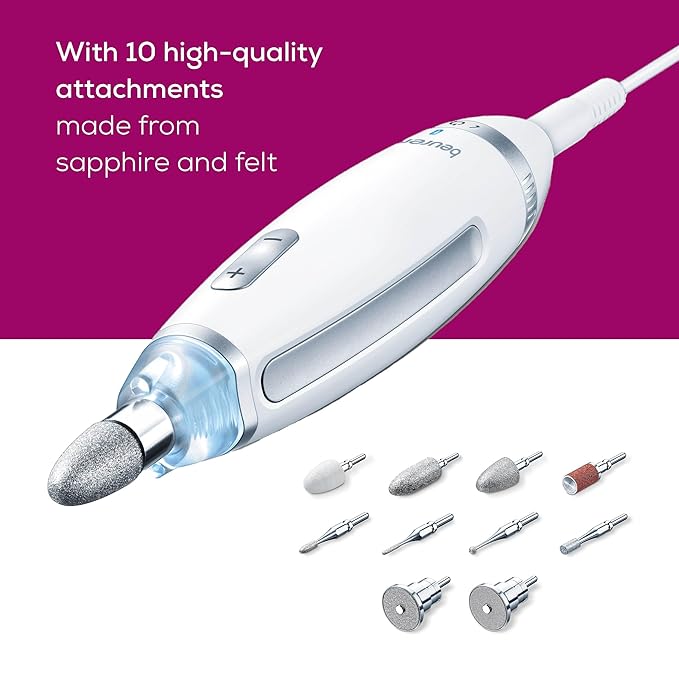 Beurer MP62 Professional Nail Drill Kit, Portable Electric File Machine with 10 Attachments & 10 Sanding Bands, Efile Dremel for Acrylic Gel Manicure and Pedicure, LED Light, with Storage Case-Velvo Beauty