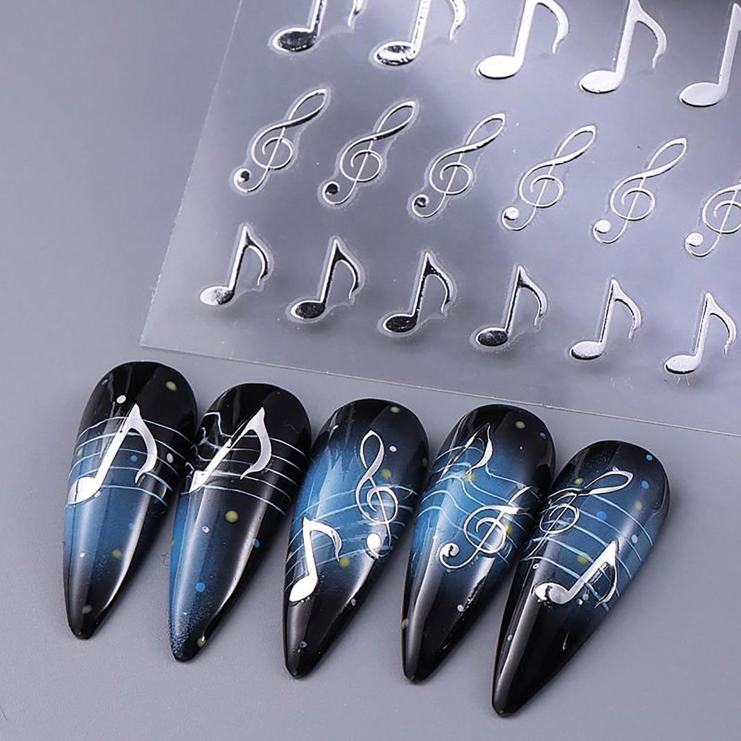 6 Sheets Musical Symbols Nail Art Stickers 3D Self-Adhesive Nails Sticker Music Notation Nails Art Decals Holographic Music Decal Decoration for Women Silver Black Manicure Stickers DIY Nail Supplies-Velvo Beauty