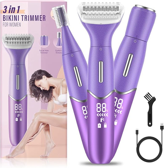 Bikini Trimmer for Women, 3 in 1 Painless Electric Razors for Women, Replaceable Lady Facial Razor & Eyebrow Trimmer, Rechargeable Women's Grooming Kit-Velvo Beauty