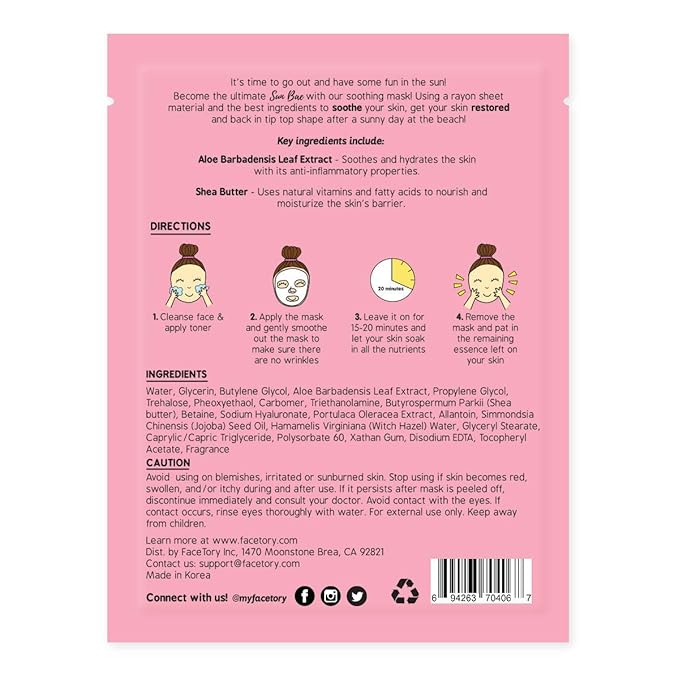 FACETORY K Beauty Face Mask Skin Care - SUN BAE SOOTHING Sheet Mask with Aloe & Shea Butter | After Sun Care, Soothe & Restore (10 Pack)-Velvo Beauty