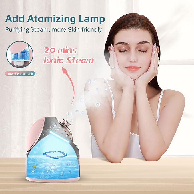 Newbealer Facial Steamer, Mini Aroma Face Steamer, Nano Ionic Hot Mist Facial Humidifier Atomizer, Home Sauna Spa Sprayer Moisturizing Cleansing Pores, 9 Pieces Acne Remover Kit (Pink-Gold, 160ml)-Velvo Beauty