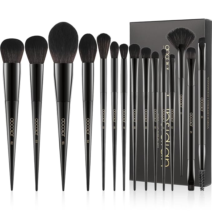 Docolor Makeup Brushes 15Pcs Obsidian Makeup Brush Set Premium Synthetic Powder Kabuki Foundation Contour Blush Concealer Eye Shadow Blending Eyeliner Crease Eyebrow Make Up Brush Kit-Velvo Beauty