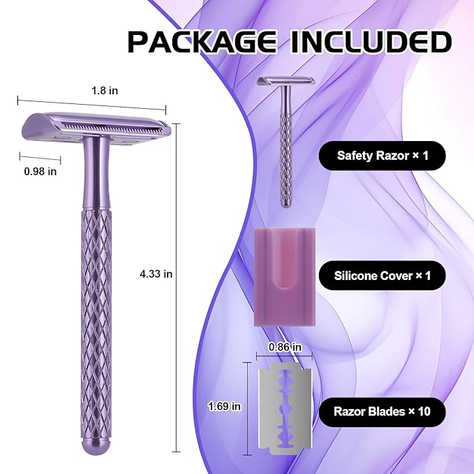 Double Edge Safety Razor for Women Purple with 10 Blades and Silicone Cover - Durable Metal Eco-Friendly Single Blade Razor - Closed Smooth Shave-Velvo Beauty