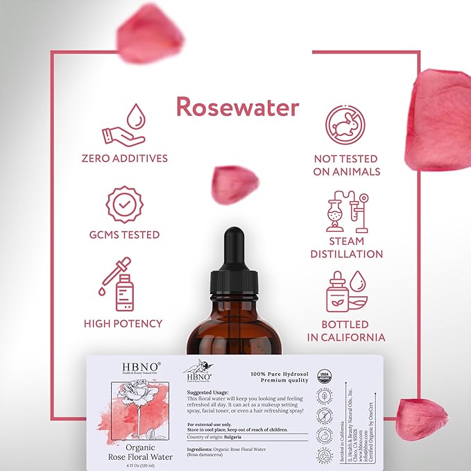 HBNO California Bottled Organic Rose Water for Face 4 fl oz (120ml) - USDA Certified Organic Rose Water Spray for Cleansing- Pure Rosewater for Hair - Rosewater Face Mist-Velvo Beauty