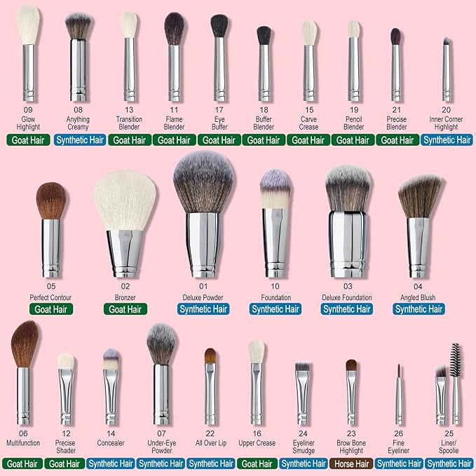 Bueart Design Makeup Brushes Set 26pcs Real Natural Goat Hair Professional labeled Foundation Face Blending Blush Concealers Eyeshadow Brush Set(26Pcs Pearl Pink)-Velvo Beauty