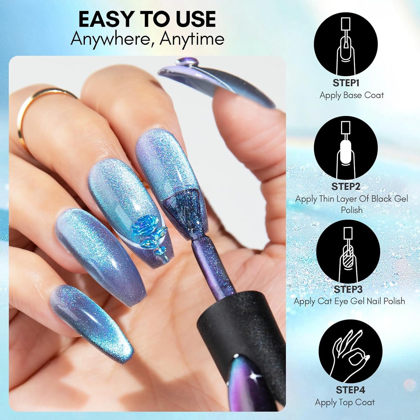 Makartt Blue Cat Eye Gel Nail Polish: Magnetic Glitter Gel Polish Soak-Off UV/LED with Aurora Effect, Long-Lasting Black Hole Shine, Comes with Magnet Stick Salon Home Nail Art 10ml-Velvo Beauty