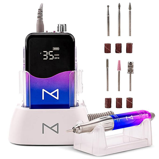 M Mase- Professional Nail Drill Machine - Coreless 2-in-1 Nail File - Electric, Cordless, 35000 RPM, HD Display - Electric Nail Drill for Professional & Home Use (Unicorn Pink Blue)-Velvo Beauty