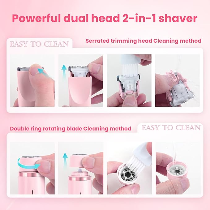 Bikini Trimmer for Women-2 in 1 Dual Head Electric Razors,USB Rechargeable Bikini Electric Shaver,IPX7 Waterproof Dry & Wet Use Body Hair Trimmer and Facial Hair Remover for Underarm Leg Body,Pink-Velvo Beauty