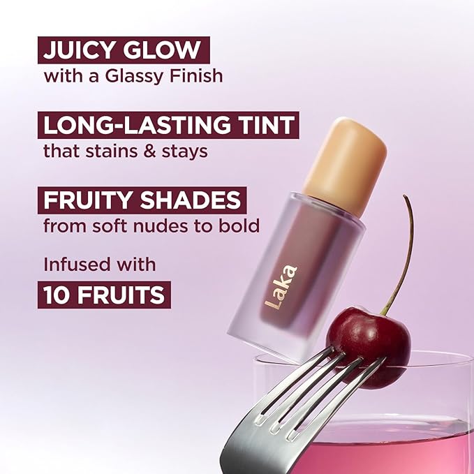 Laka Fruity Glam Tint, 4.5g/0.15 oz., Glowing Lip Stain with Wide Color Spectrum, Hydrating & Lightweight Texture, Long-Lasting Bold Stain, Non-Sticky, Vegan, K-Beauty (#125 Mango)-Velvo Beauty