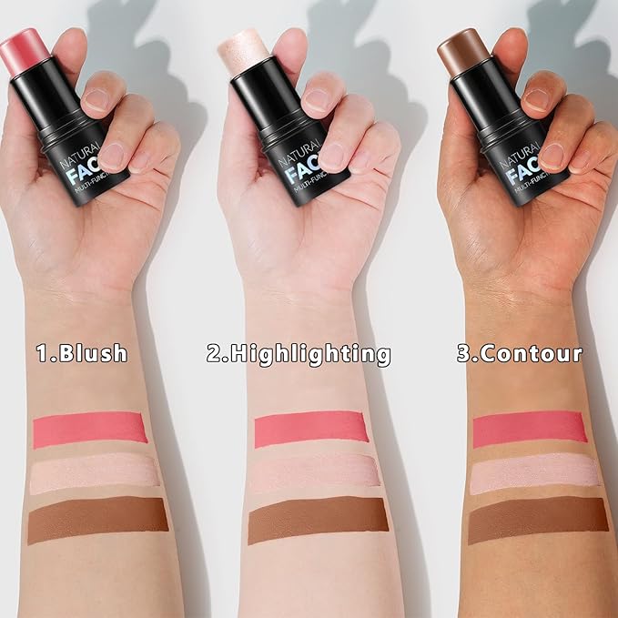 3 Pcs Contour Stick, Highlighter Stick, Blush Stick, Cream Contour Kit with Contour Brush, Create Face Contour, Non-greasy, Waterproof Long-lasting Effect for Women (2+5+6,LIGHT MEDIUM)-Velvo Beauty