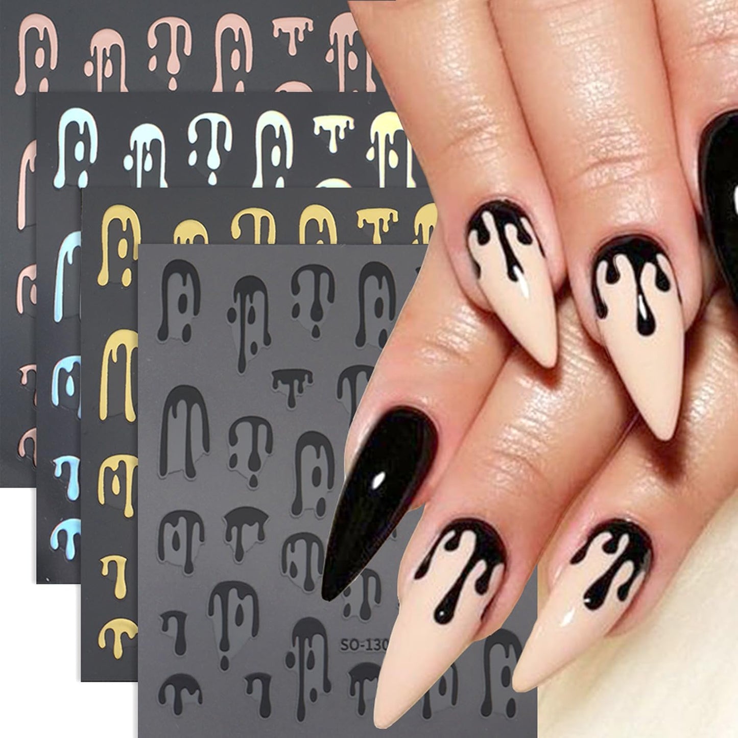 4pcs Halloween Nails Art Stickers -3D Self-Adhesive Nails Supply Black Gold Rose Gold Blood Dropping Design Y2K Scary Blood Nail Decals Sliders Halloween Laser Sliver Bloody DIY Manicure Decor-Velvo Beauty