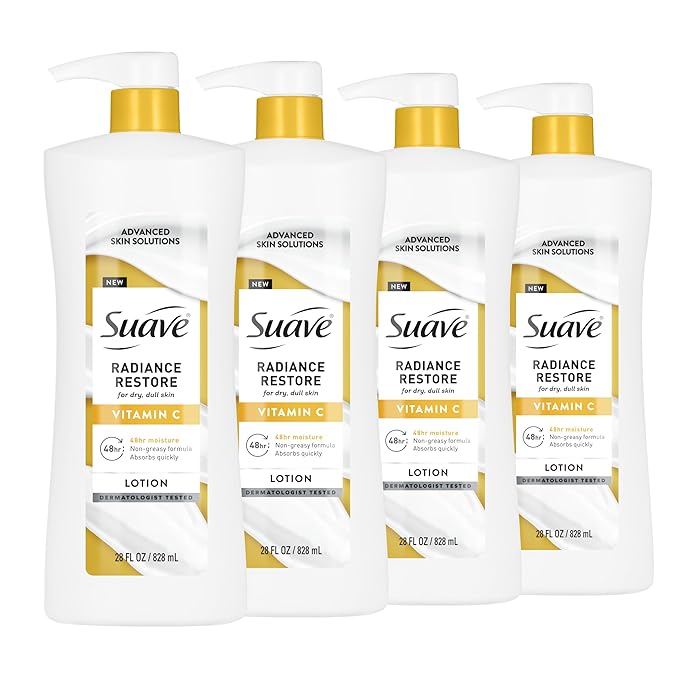 Suave Radiance Restore Hand & Body Lotion For Women With Vitamin C, Brighten & Hydrate Dry, Dull Skin, Non Greasy, Moisturizing Cream Evens Skin Tone, Allergen Free, 28 FL OZ Pump, 4 Pack-Velvo Beauty