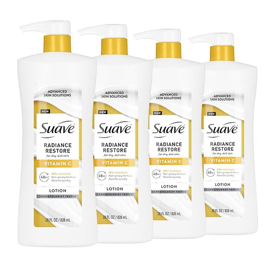 Suave Radiance Restore Hand & Body Lotion For Women With Vitamin C, Brighten & Hydrate Dry, Dull Skin, Non Greasy, Moisturizing Cream Evens Skin Tone, Allergen Free, 28 FL OZ Pump, 4 Pack-Velvo Beauty