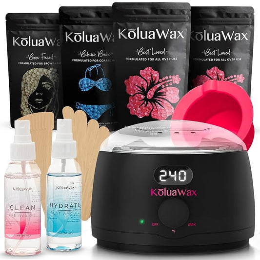 KoluaWax Premium Waxing Kit for Women - Hot Melt Wax Warmer for Hair Removal, Eyebrow, Bikini, Legs, Face, Brazilian Wax & More - Machine + 4-Pack Hard Wax Beads + Accessories, Black-Velvo Beauty