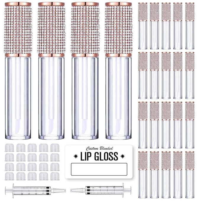 AMORIX 24 Pack Crystal Rhinestone Lip Gloss Tubes with Wand 5ml Empty Lip Gloss Containers Lipgloss Bottles with Stoppers 2pcs Syringes + Labels for DIY Lip Gloss Balm-Velvo Beauty