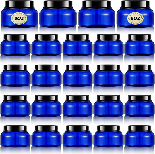 Tessco 24 Pack Plastic Jars with Lids Labels Empty Clear Plastic Jars Round Refillable Cosmetic Containers Body Butter Containers Bulk Sugar Scrub Bottle for Make Up(8 oz,Blue, Black)-Velvo Beauty