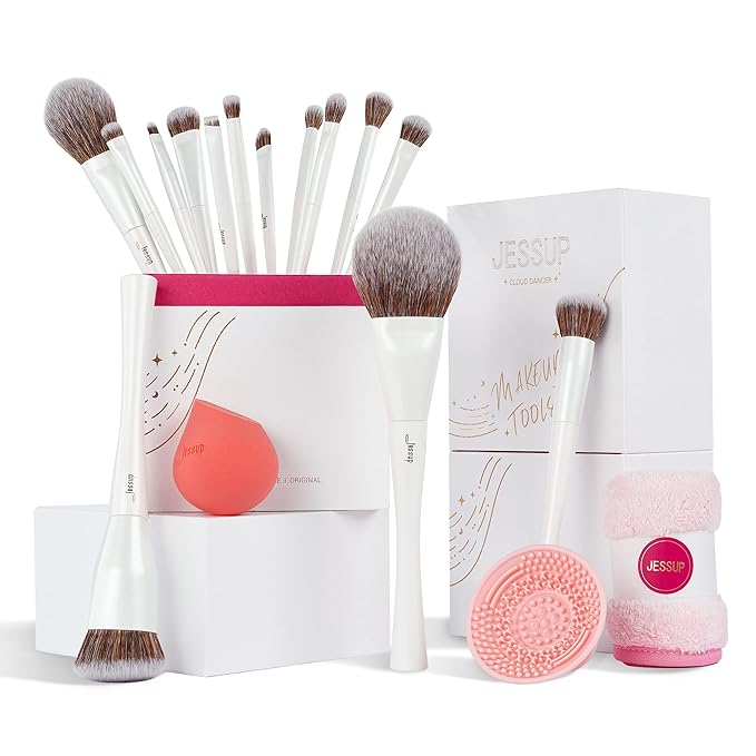 Jessup Makeup Brushes Set 14pcs Highend Makeup Gift Set for Women Include Foundation Concealer Blush Contour Powder Eye Shadow Brush, Makeup Sponge, Makeup Brush Cleaner and Towel, Pearl White T333-Velvo Beauty