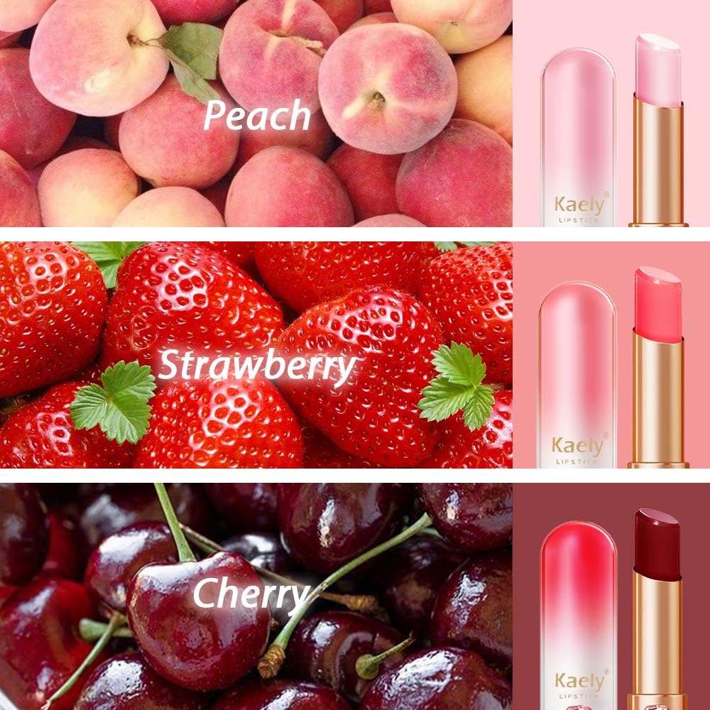 Kaely 3Pcs Peach Strawberry Red Cherry Hydrating Lipstick Tinted Lip Balm, Color Changing PH Lipstick Makeup, Korean Magic Lip Stain Long Lasting Waterproof, labiales magicos 24 horas originales-Velvo Beauty