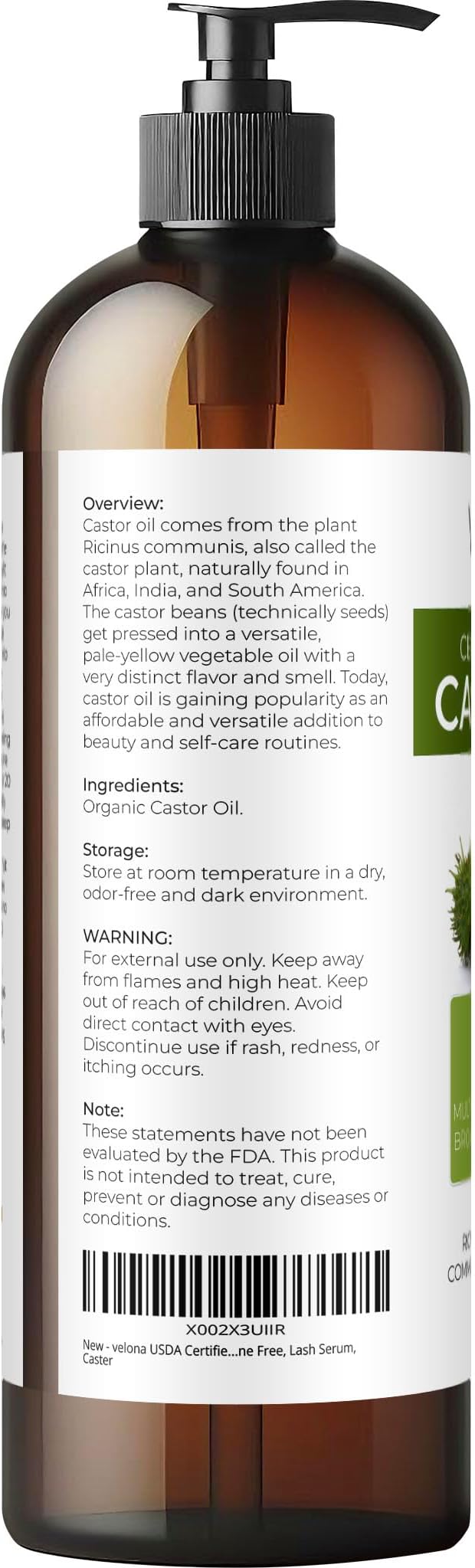 velona USDA Certified Organic Castor Oil - 16 fl oz (With Pump) | For Hair Growth, Boost Eyelashes, Eyebrows | Cold pressed, Natural Oil, USP Grade | Hexane Free, Lash Serum, Caster-Velvo Beauty