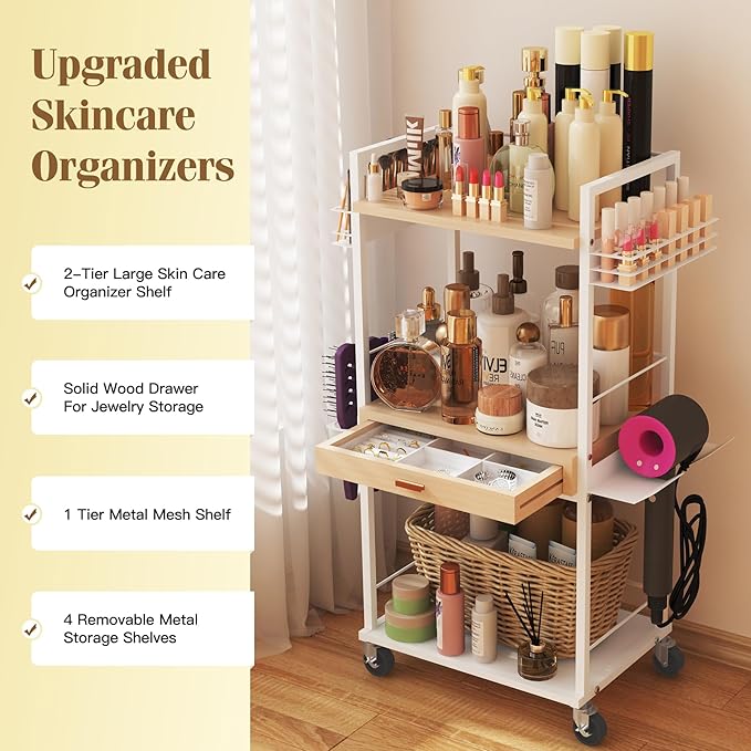 Makeup Organizer Storage Cart, Floor Skincare Organizers, Makeup Stand with Drawers, Vanity Organizer Cosmetics Display Cases Holder for Skin Care Nail Polish Perfume Makeup Brush Hair Tool-Velvo Beauty
